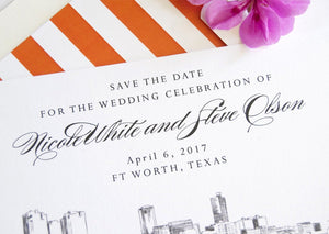 Fort Worth, Texas Skyline Save the Date Cards (set of 25 cards and white envelopes)