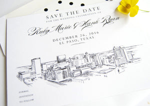 El Paso, Texas Wedding Save the Date Cards, Skyline Save the Dates (set of 25 cards and white envelopes)