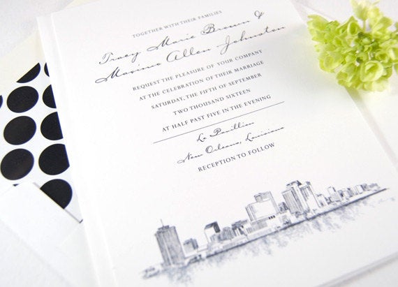 New Orleans Skyline Hand Drawn Wedding Invitations Package (Sold in Sets of 10 Invitations, RSVP Cards + Envelopes)