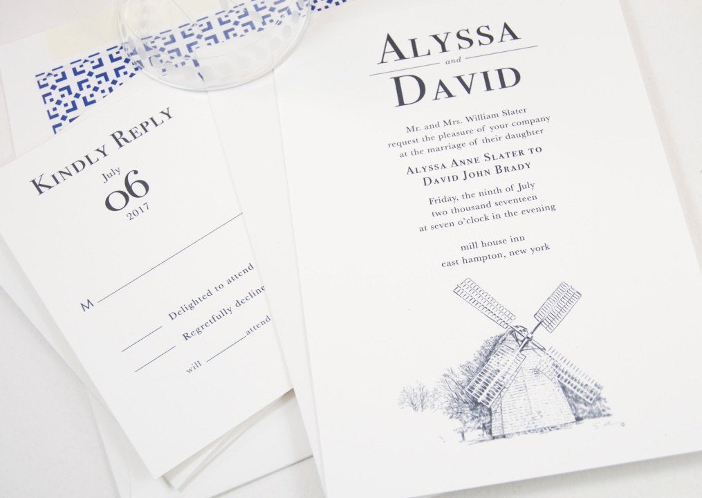 The Hamptons Windmill Hand Drawn Wedding Invitations Package (Sold in Sets of 10 Invitations, RSVP Cards + Envelopes)