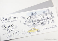 Load image into Gallery viewer, Boston Skyline Whimsical Save the Date Cards , Taxi Watercolor, Wedding (set of 25 cards)
