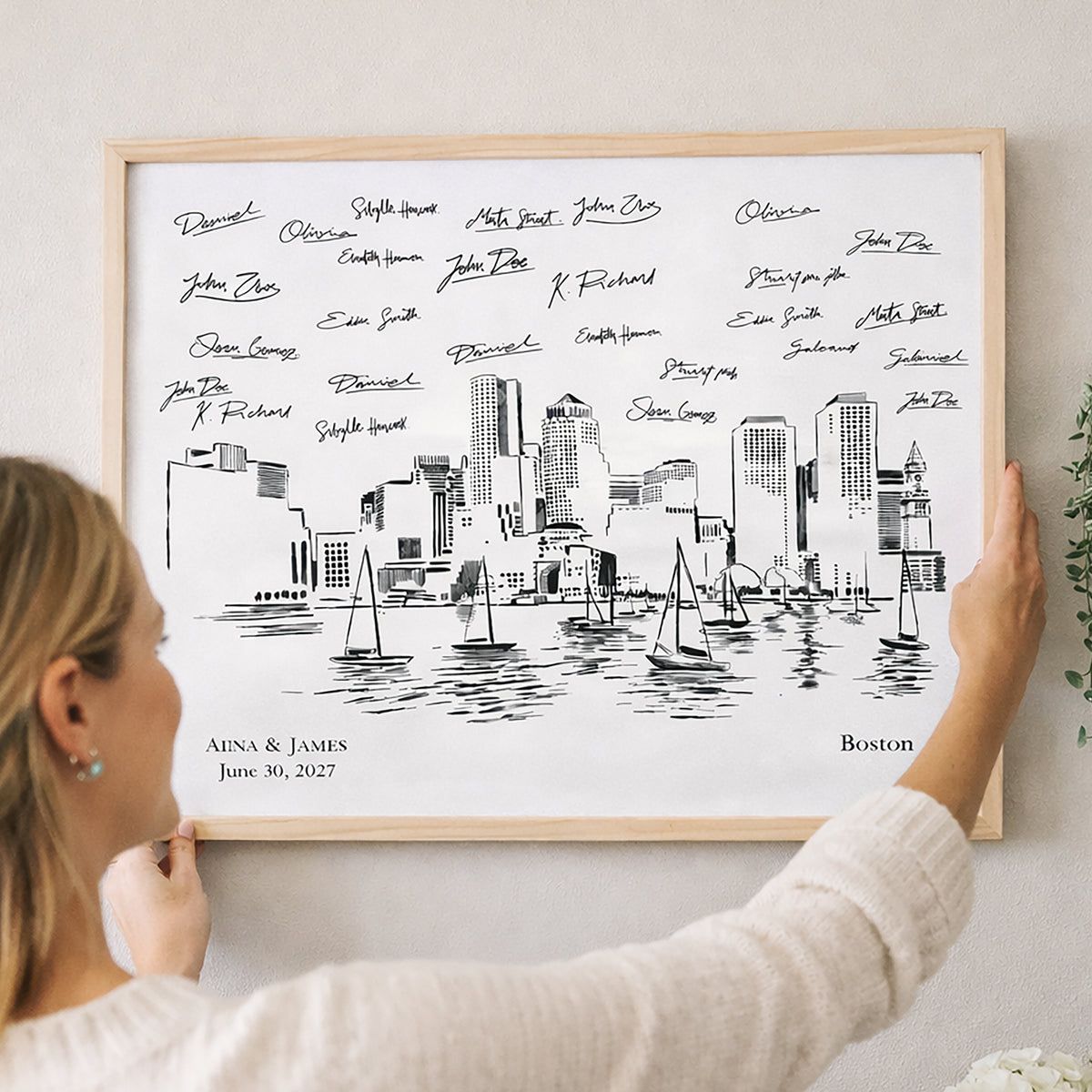 Boston Skyline Wedding Guest Book Alternative | Personalized Boston Wedding Guest Book Sign