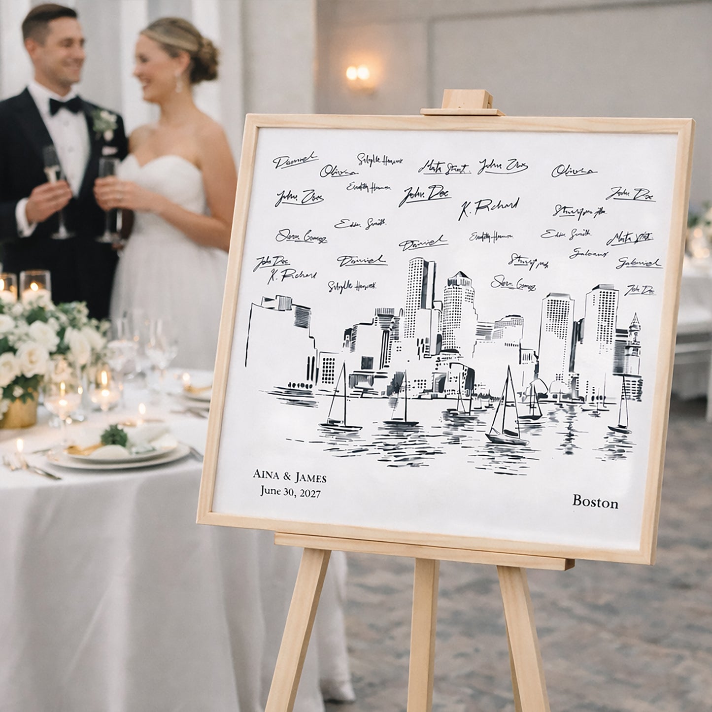 Boston Skyline Wedding Guest Book Alternative | Personalized Boston Wedding Guest Book Sign