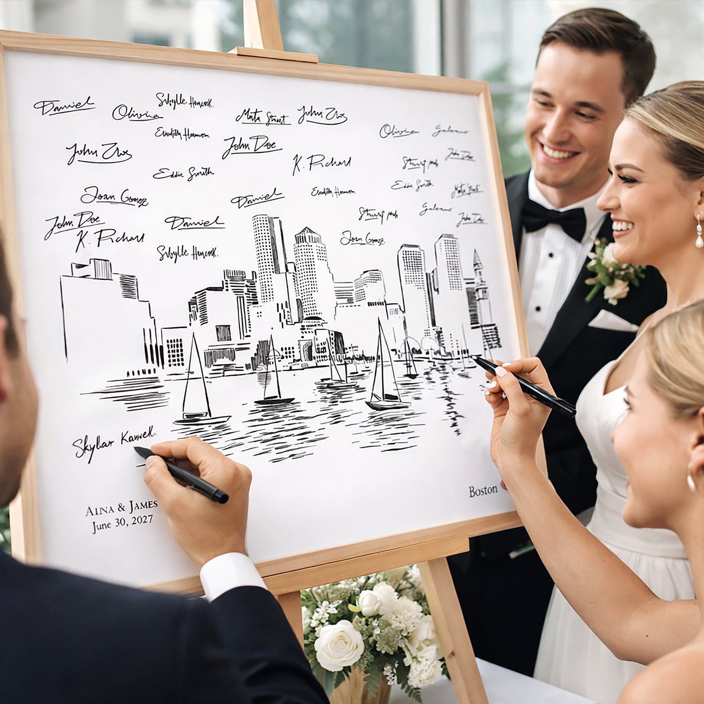Boston Skyline Wedding Guest Book Alternative | Personalized Boston Wedding Guest Book Sign