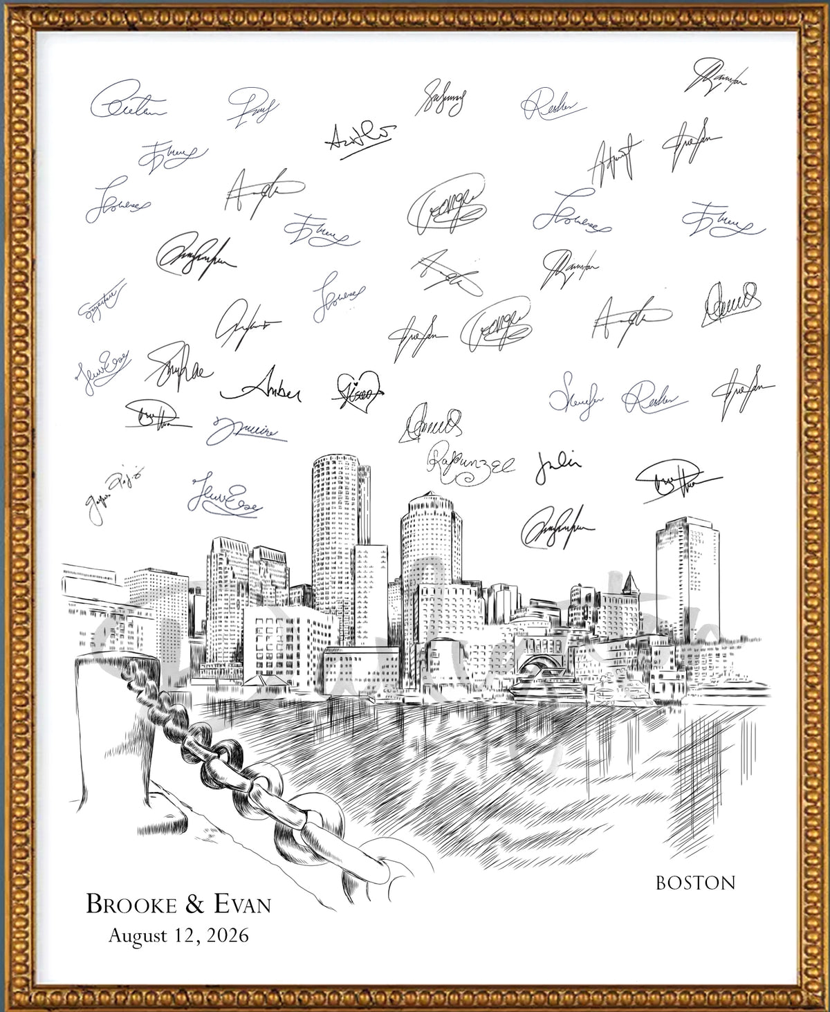 Boston Waterfront Wedding Guest Book Alternative | Personalized Skyline Guestbook