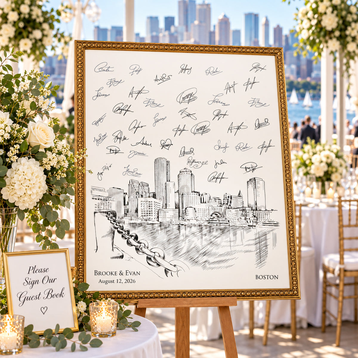Boston Waterfront Wedding Guest Book Alternative | Personalized Skyline Guestbook