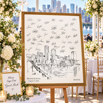 Boston Waterfront Wedding Guest Book Alternative | Personalized Skyline Guestbook
