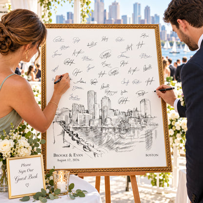 Boston Waterfront Wedding Guest Book Alternative | Personalized Skyline Guestbook