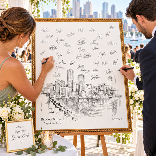 Boston Waterfront Wedding Guest Book Alternative | Personalized Skyline Guestbook
