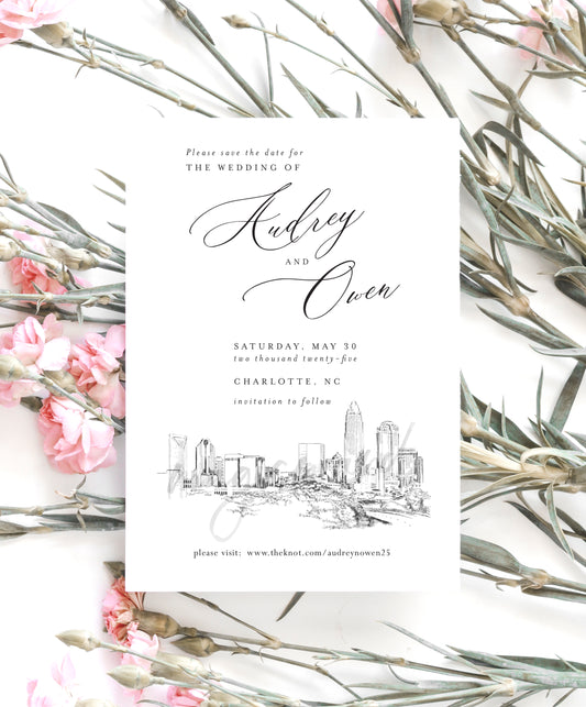 Charlotte, NC Skyline Wedding Save the Dates, Save the Date Cards, STD, Charlotte Wedding, North Carolina (set of 25 cards and envelopes)