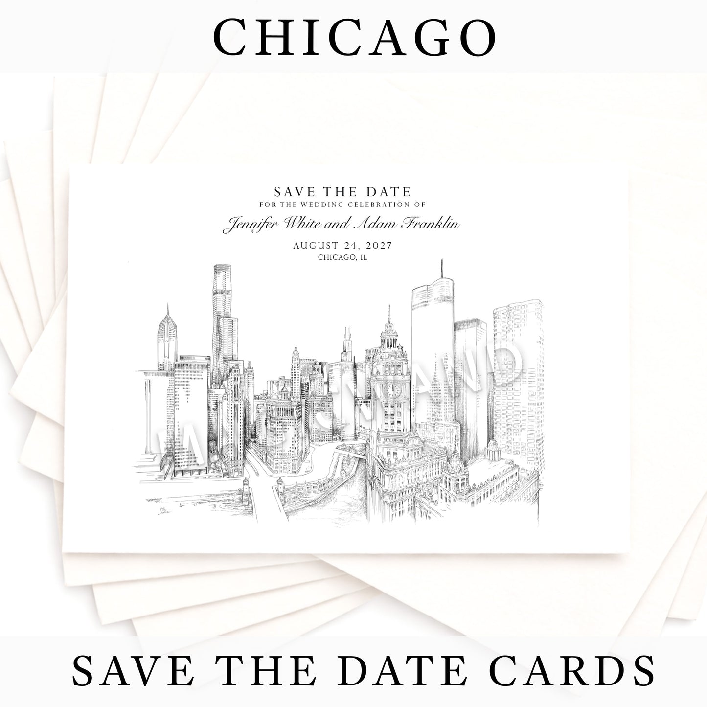 Chicago Skyline Save the Date Cards – Personalized Chicago Wedding Save the Dates (Set of 25)