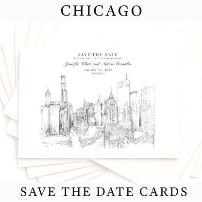 Chicago Skyline Save the Date Cards – Personalized Chicago Wedding Save the Dates (Set of 25)