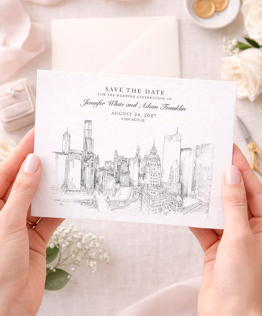 Chicago Skyline Save the Date Cards – Personalized Chicago Wedding Save the Dates (Set of 25)