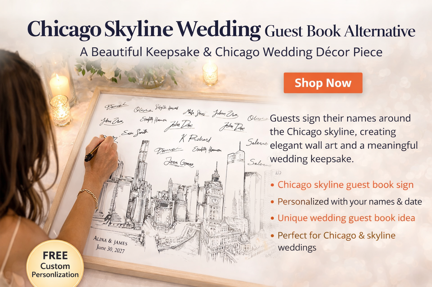 Chicago Skyline Wedding Guest Book Alternative | Personalized Chicago Wedding Guest Book Sign | Chicago Skyline Wedding Decor