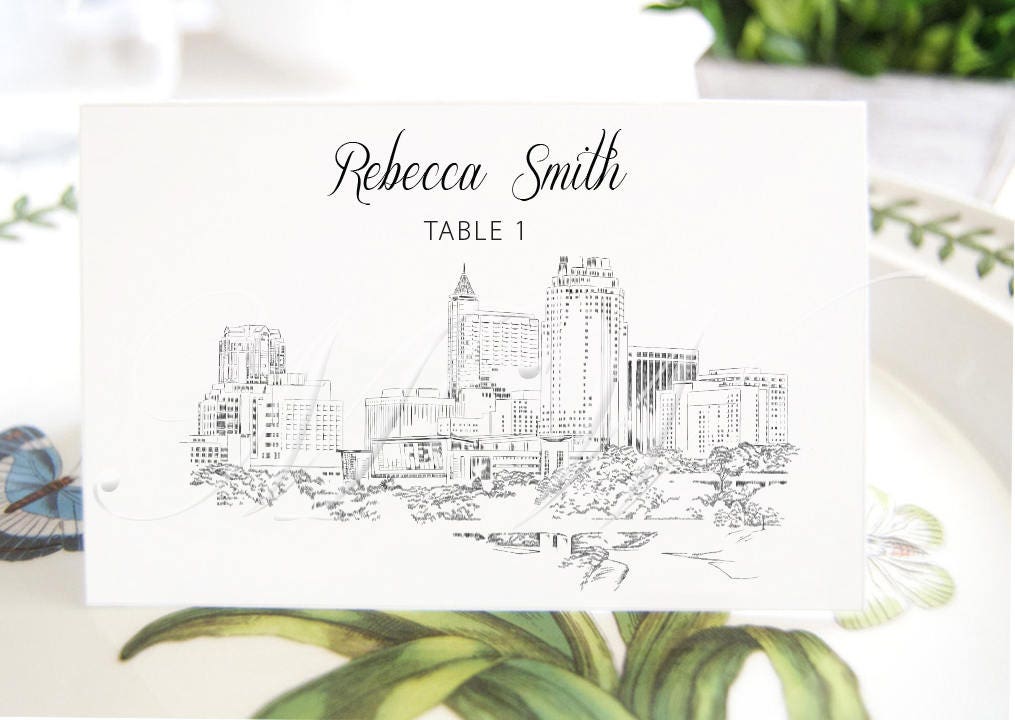 Raleigh Skyline Place Cards, Fairytale Wedding, Placecards, Escort Cards, North Carolina Wedding, Custom with Guests Names (Set of 25 Cards)