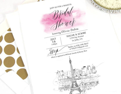 Paris Skyline Bridal Shower Invitations, French, Wedding, Eiffel Tower, Bridal Brunch, Bridal Luncheon (set of 25 cards & envelopes)