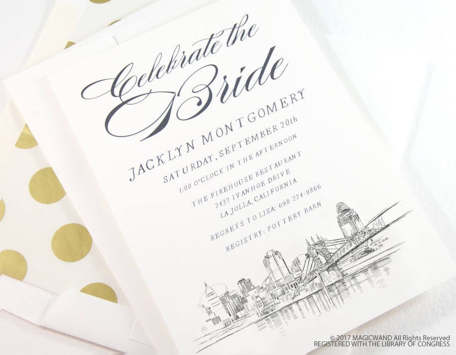 Cincinnati Skyline Bridal Shower Invitations, Cincinnati Wedding, Bridal Brunch, Bridal Luncheon (set of 25 cards & envelopes)