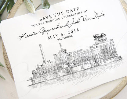 Baltimore Skyline Save the Dates, Save the Date Cards, Wedding, STD, Baltimore Wedding, Save the Date, Maryland, Domino Sugar Building