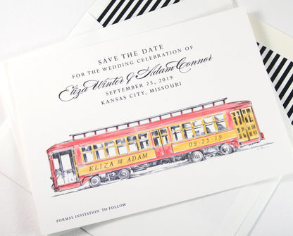 Trolley Car Save the Dates, New Orleans, Cable Car Save the Date Cards, Wedding, STD, Hand Drawn (set of 25 cards)