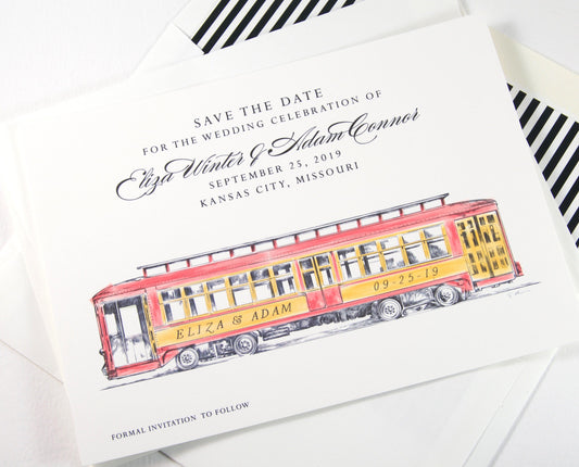 Trolley Car Save the Dates, New Orleans, Cable Car Save the Date Cards, Wedding, STD, Hand Drawn (set of 25 cards)