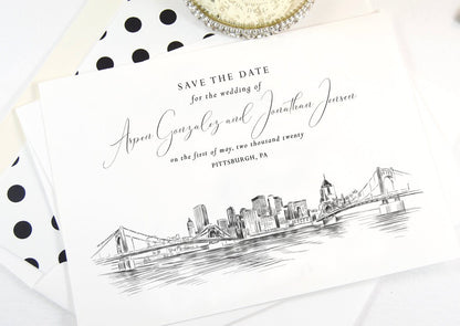 Pittsburgh Skyline Save the Dates, Save the Date Cards, STD, Pittsburgh Wedding, PA, Hand Drawn (set of 25 cards)