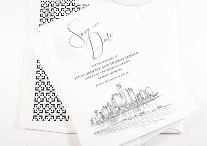 Detroit Save the Dates, STD, Detroit, MI Wedding, Michigan Skyline, Save the Date Cards, STD Cards, Wedding (set of 25 cards)