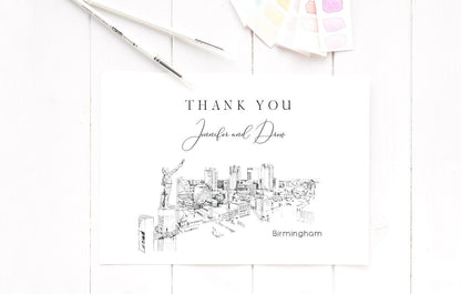 Birmingham Skyline Thank You Cards, Personal Note Cards, Bridal Shower Thank you Card Set, Corporate Thank you Cards (set of 25 cards)