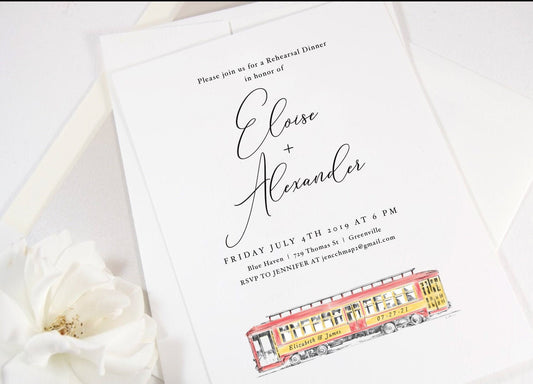 Trolley Car Rehearsal Dinner Invitations, Wedding, New Orleans Wedding, Rehearse Invite, Invitations (set of 25 cards)