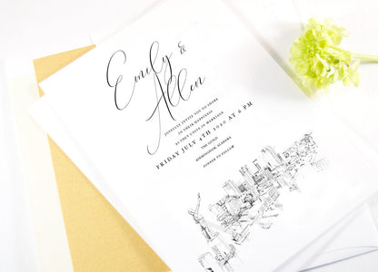Birmingham Skyline Wedding Invitation, Alabama Wedding, Birmingham Skyline Invite, Vulcan  (Sold in Sets of 10 Invitations + Envelopes)