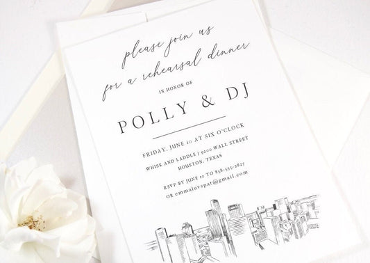 Houston Skyline Rehearsal Dinner Invitations, Texas Skyline, Houston Wedding, Weddings, Rehearse, Wedding Invite, Card (set of 25 cards)