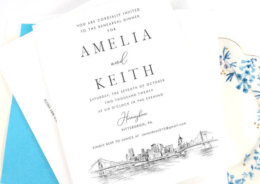 Pittsburgh Skyline Rehearsal Dinner Invitations, Pittsburgh, PA Skyline, Wedding, Weddings, Rehearse, Wedding Invite, Card (set of 25)
