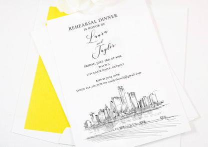 Detroit Rehearsal Dinner Invitations, Detroit Skyline, Michigan Wedding, Rehearsal Invitations, Weddings, Rehearse Dinner (set of 25 cards)