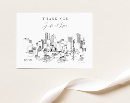 Boston Skyline Thank You Cards, Personal Note Cards, Bridal Shower, Real Estate Agent, Corporate Thank you Cards (set of 25 cards)