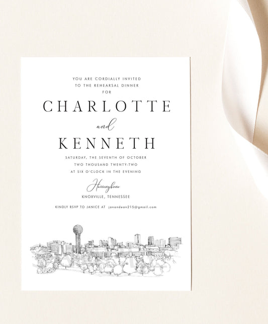 Knoxville, Tennessee Rehearsal Dinner Invitations, Knoxville Skyline, Knoxville Wedding, Weddings, Rehearse, Invite (set of 25 cards)