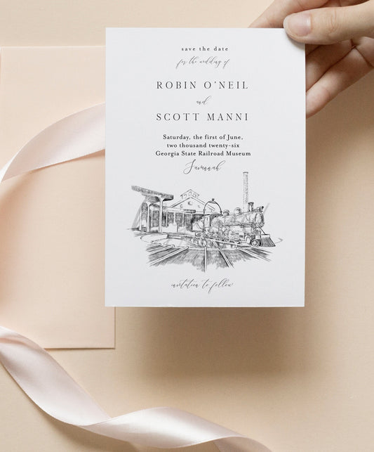 Georgia State Railroad Museum Save the Date Cards, Wedding Save the Dates, STD, Savannah Weddings, GA, Venue (set of 25 cards and envelopes)