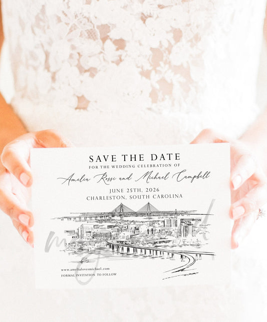 Charleston Save the Dates, Charleston Skyline, Charleston Wedding, Charleston, SC, STD, South Carolina Save the Date Cards (set of 25)