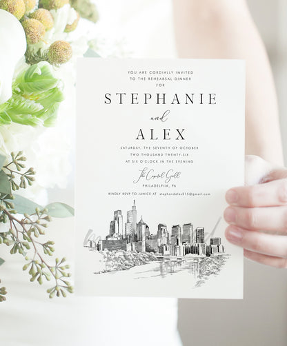 NEW Philadelphia Rehearsal Dinner Invitations, Skyline, PA Wedding, Weddings, Invite, Cards (set of 25 cards)