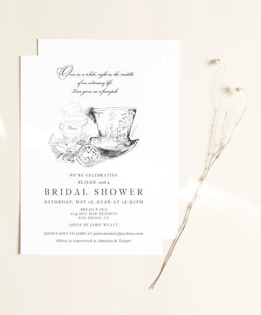 Alice in Wonderland Tea Party Bridal Shower Invitations, Fairytale Shower, Bridal Lunch, Bridal Brunch, Mad Hatter Invite