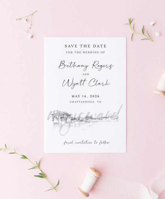 Chattanooga Save the Dates, STD, Skyline, Wedding, Save the Date Cards, Tennessee, Weddings, TN, Walnut Bridge