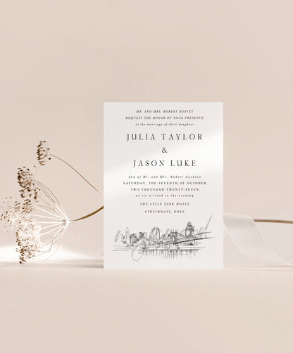 Cincinnati Wedding Invitations, Skyline, Weddings, Invite, Ohio, OH - Hand Drawn (Set of 10 Online RSVP Cards & Invitations)