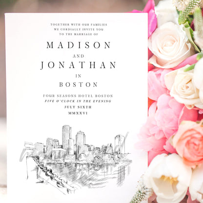 Boston Skyline Wedding Invitations, Water View Wedding Invitation, Boston Weddings, Boston, (Set of 10  RSVP Cards & Invitations)