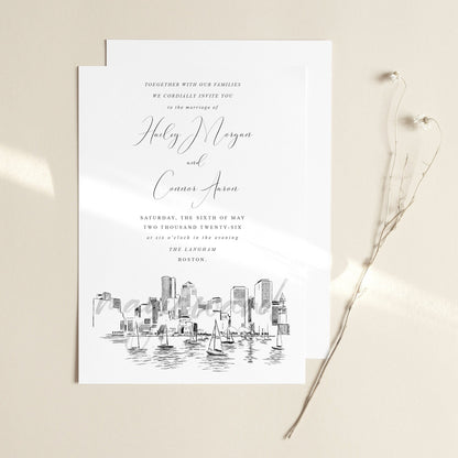 Boston Wedding Invitations, Skyline Boston Harbor, Weddings, Invitation, Boston Wedding  (Set of 10 RSVP Cards & Invitations)