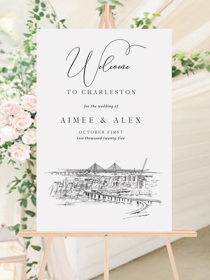 Wedding Welcome Sign Charleston Skyline, Welcome to our Wedding Sign, Hand Drawn, Modern Wedding Sign, Engagement Party Welcome Sign, Unique