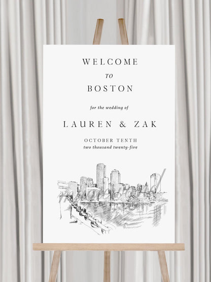 Wedding Welcome Sign Boston Skyline, Hand Drawn, Modern Wedding, Welcome Engagement Party Sign, Unique Wedding Sign, Boston Wedding Sign
