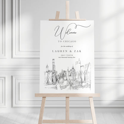 Wedding Welcome Sign Chicago Skyline, Hand Drawn, Chicago Wedding, Modern Welcome Sign, Unique Welcome Sign, Welcome Engagement Party Sign