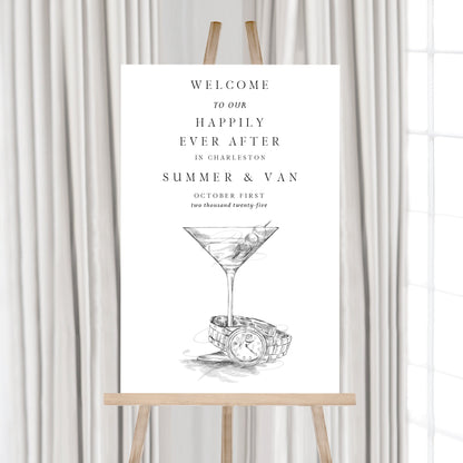 Welcome to our Wedding Sign, Martini Theme, Hand Drawn, Modern Wedding, Welcome Sign, Rat Pack, Sizes: 18 x 24, 24 x 30 or 24 x 36