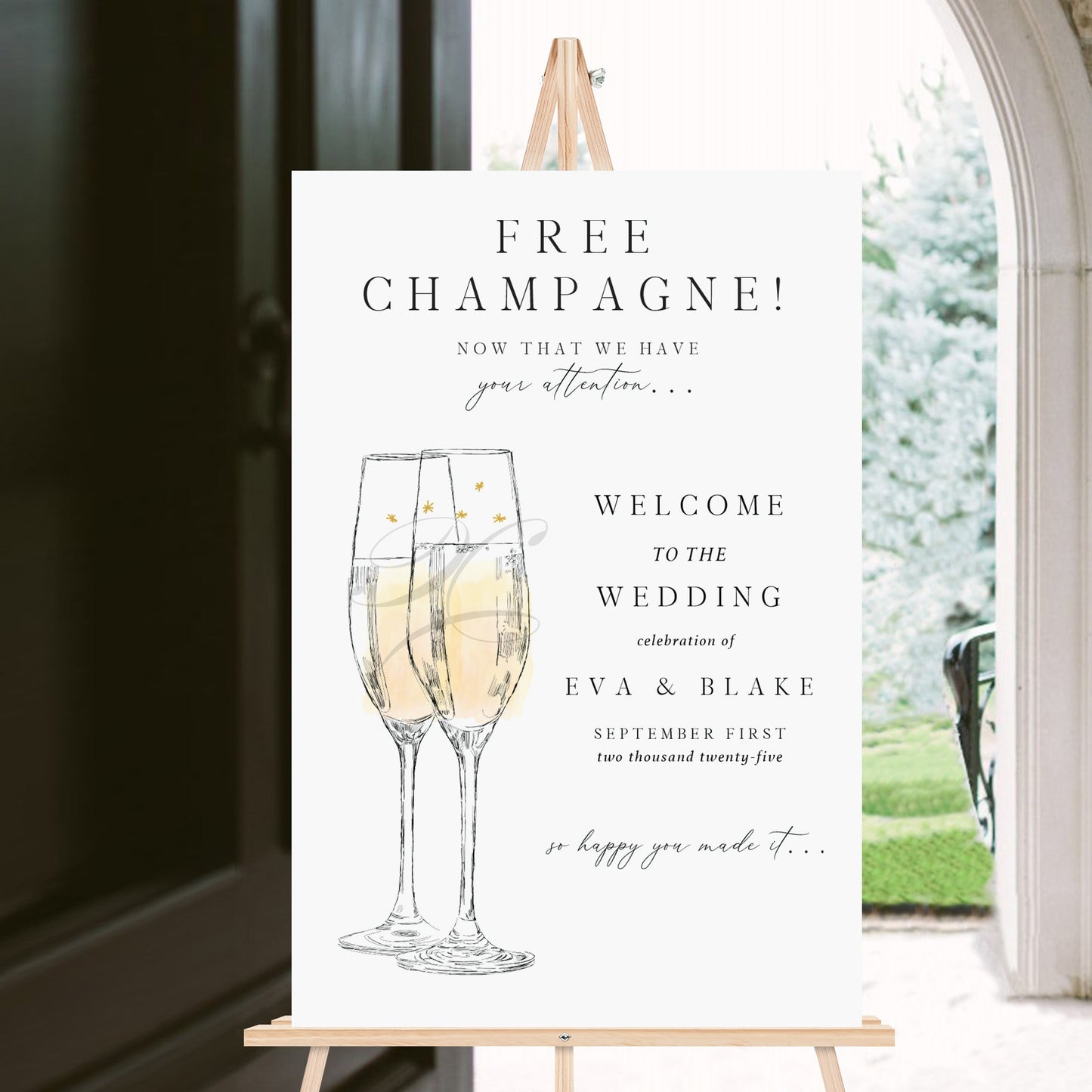 Wedding Welcome Sign Free Champagne, Hand Drawn, Modern Wedding Welcome Sign, Rat Pack theme, Unique Welcome Sign, Welcome Engagement Party