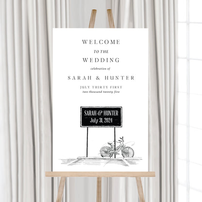 Welcome to our Wedding Sign, Bikes with Sign, Hand Drawn, Modern Wedding, Welcome Sign, Sizes: 18 x 24, 24 x 30 or 24 x 36