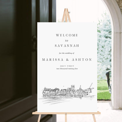 Wedding Welcome Sign Savannah Skyline, Welcome to our Wedding Sign, Hand Drawn, Savannah Wedding Sign, Engagement Party Welcome Sign