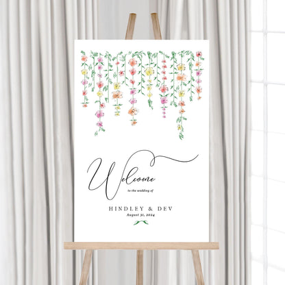 Welcome to our Wedding Sign, Mehndi Party Sign, Indian Wedding, Hindu, Hand Drawn, Watercolor Flowers, Sizes: 18 x 24,  24 x 36